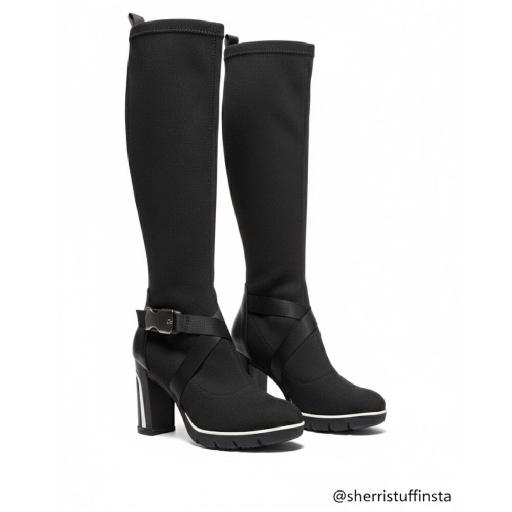 Gadea Black Stretch Sock Buckle Boots Leather Heels Made In Spain 37 Extralight